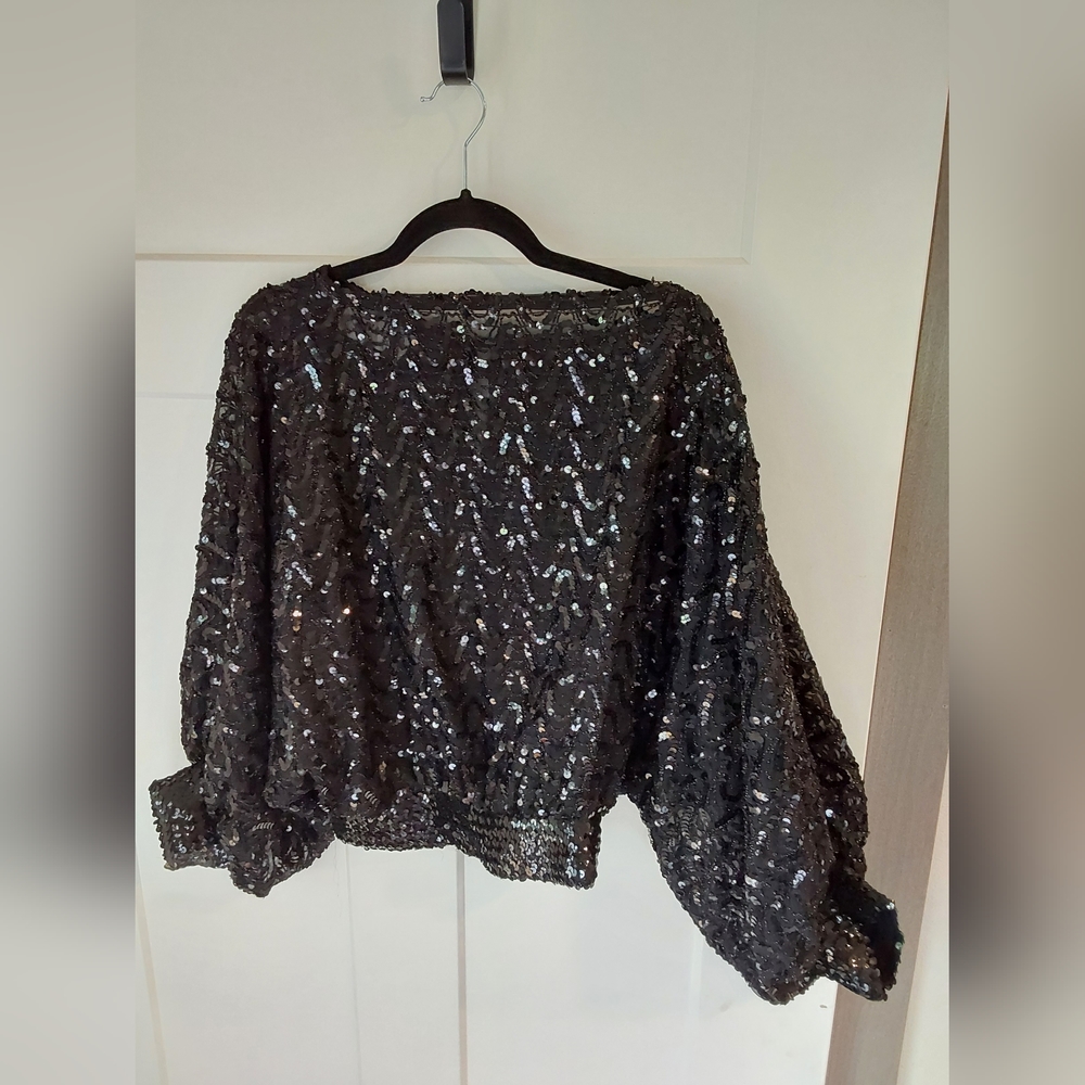 Vintage St. Martin Disco Blouse 80's Medium Sequins Slouchy Balloon Sleeve Black